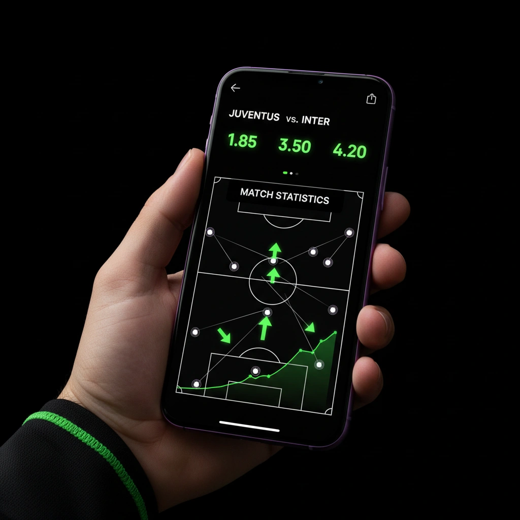 A smartphone displaying sports match odds and live fixture data against a modern stadium background.