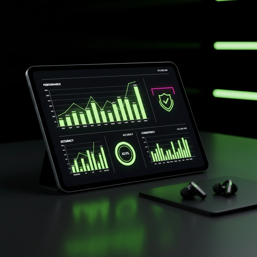 A sleek laptop showing analytical gaming charts and data on a modern wooden desk in a bright office.